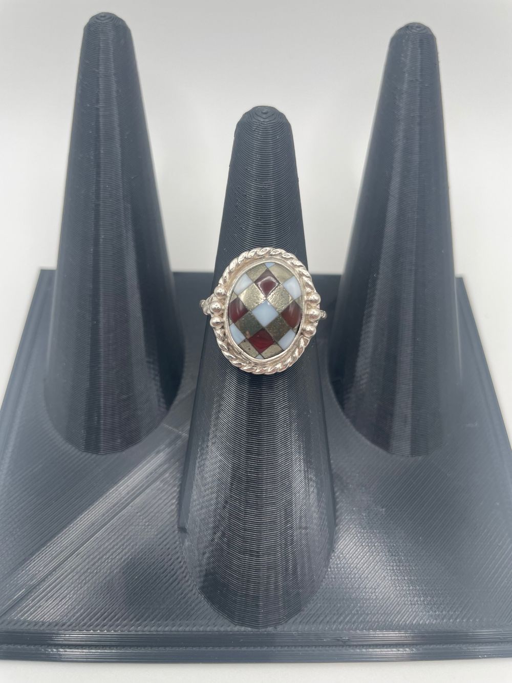 Onyx, White Opal & Pyrite Inlay Ring, Size 10